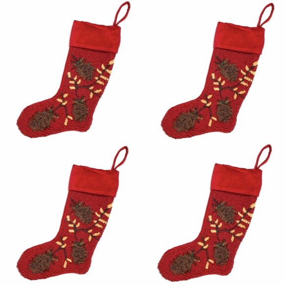 x4 Chandler 4 Corners Pinecone Branch Christmas Stocking Set Hooked Wool Megroz - Picture 1 of 6
